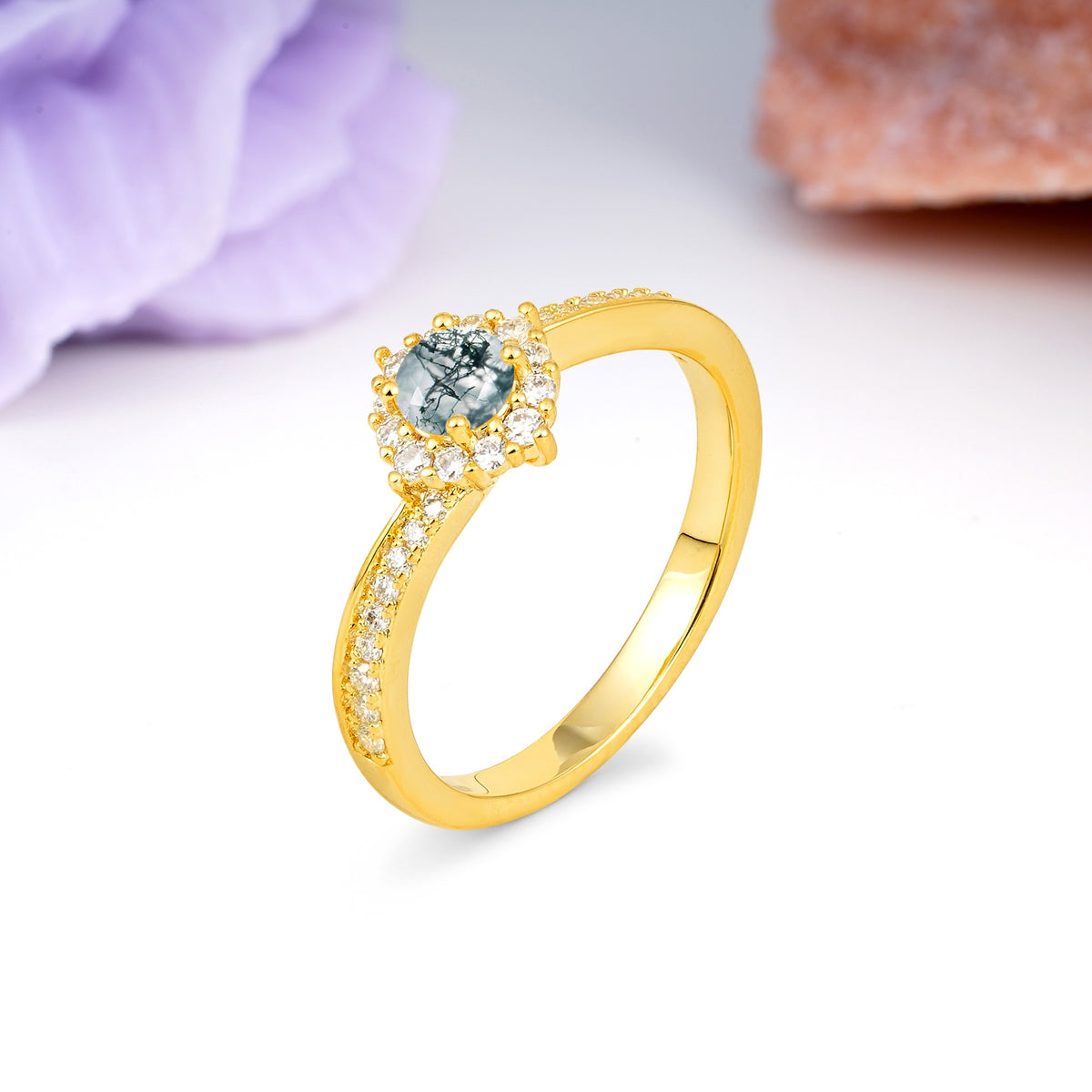 Classic Pavé-Set, Luxurious 4-Prong Round Cut Moss Agate Engagement Ring - Additional view