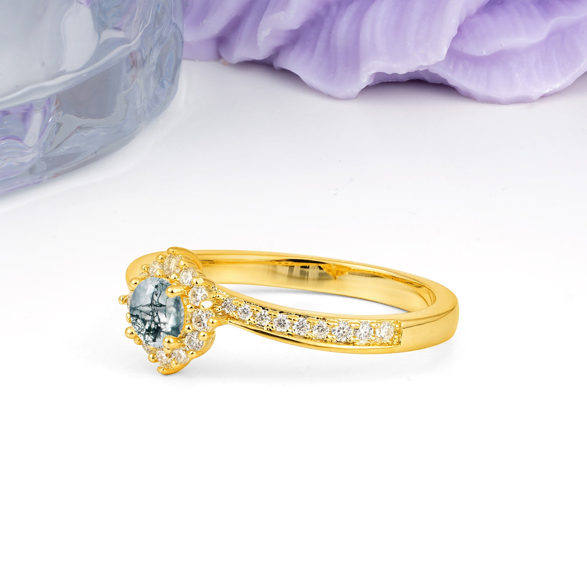 Classic Pavé-Set, Luxurious 4-Prong Round Cut Moss Agate Engagement Ring - Additional view