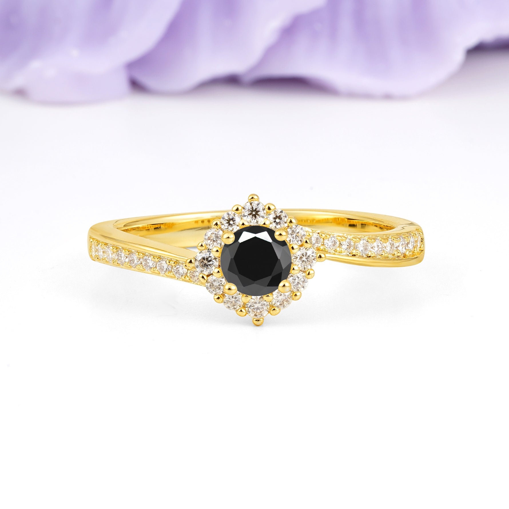 Classic Pavé-Set, Luxurious 4-Prong Round Cut Black Onyx Engagement Ring - Additional view