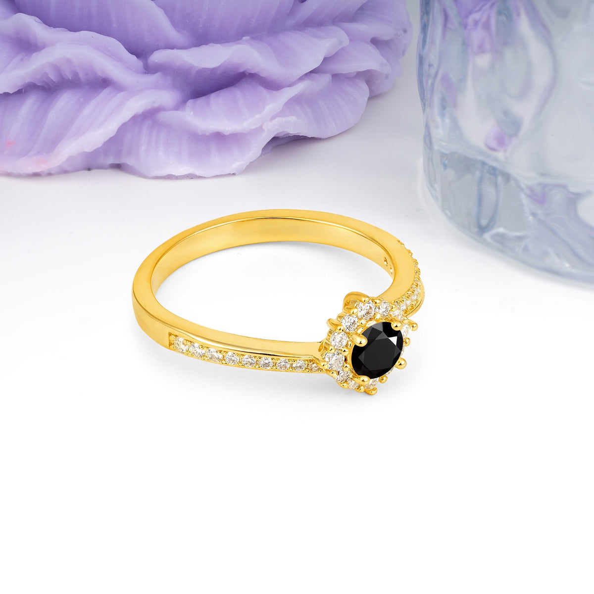 Classic Pavé-Set, Luxurious 4-Prong Round Cut Black Onyx Engagement Ring - Additional view