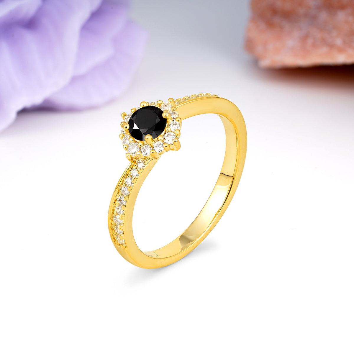 Classic Pavé-Set, Luxurious 4-Prong Round Cut Black Onyx Engagement Ring - Additional view