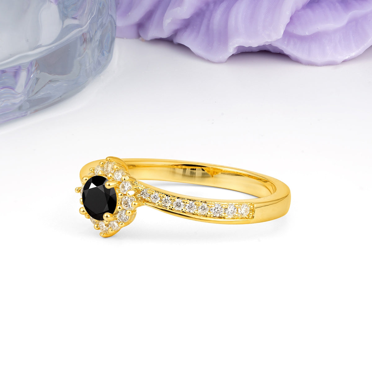 Classic Pavé-Set, Luxurious 4-Prong Round Cut Black Onyx Engagement Ring - Additional view