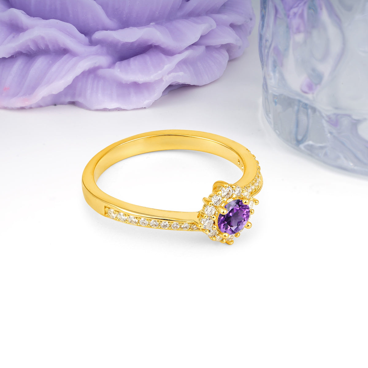Classic Pavé-Set, Luxurious 4-Prong Round Cut Amethyst Engagement Ring - Additional view