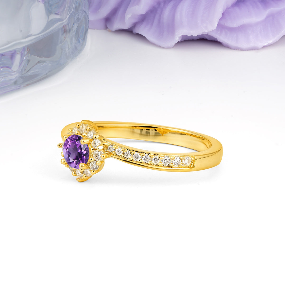Classic Pavé-Set, Luxurious 4-Prong Round Cut Amethyst Engagement Ring - Additional view