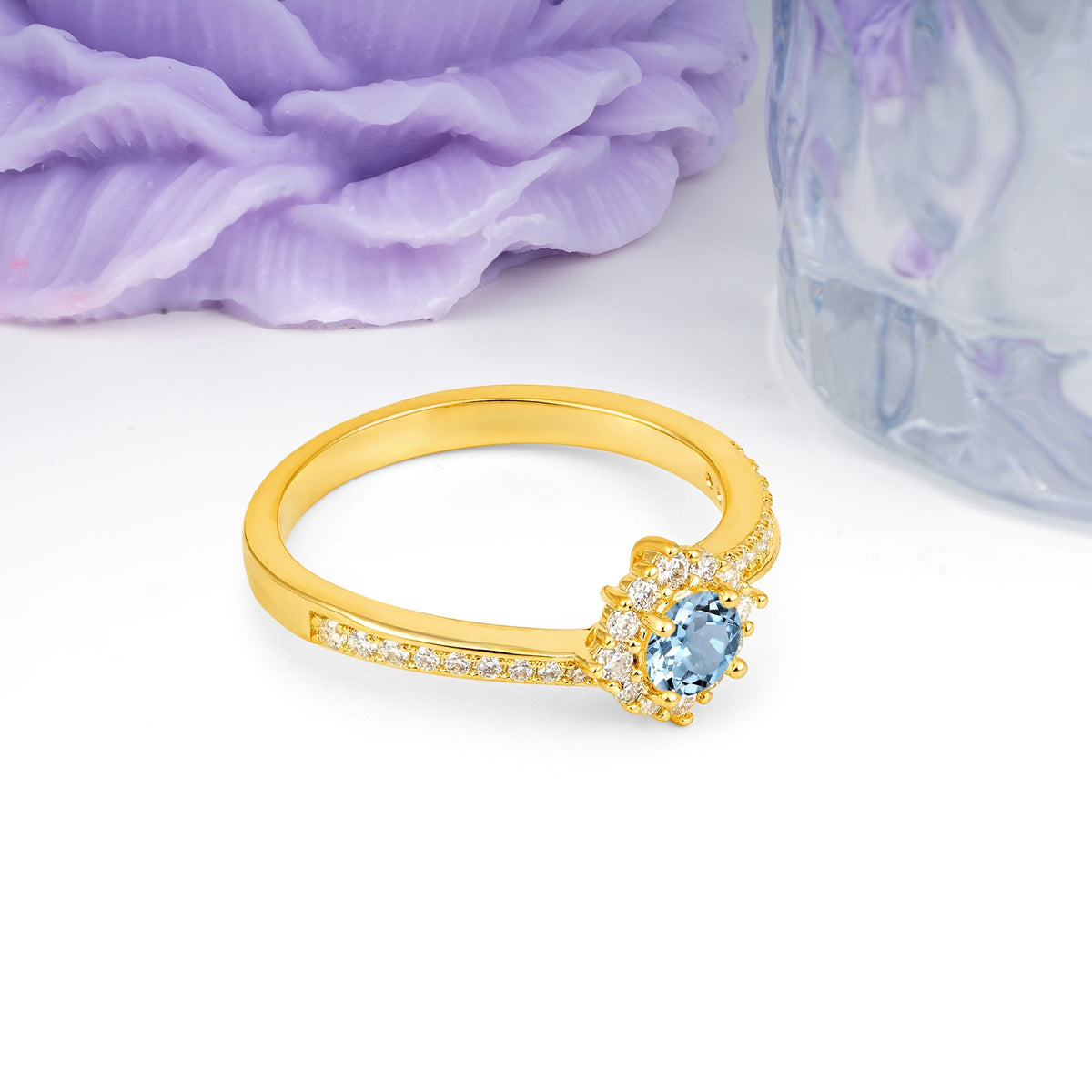 Classic Pavé-Set, Luxurious 4-Prong Round Cut Aquamarine Engagement Ring - Additional view