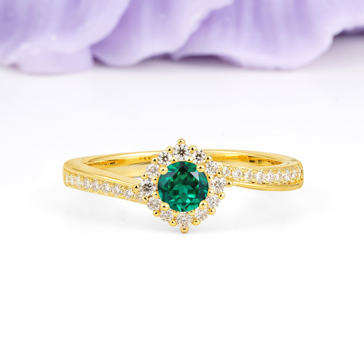 Classic Pavé-Set, Luxurious 4-Prong Round Cut Emerald Engagement Ring - Additional view