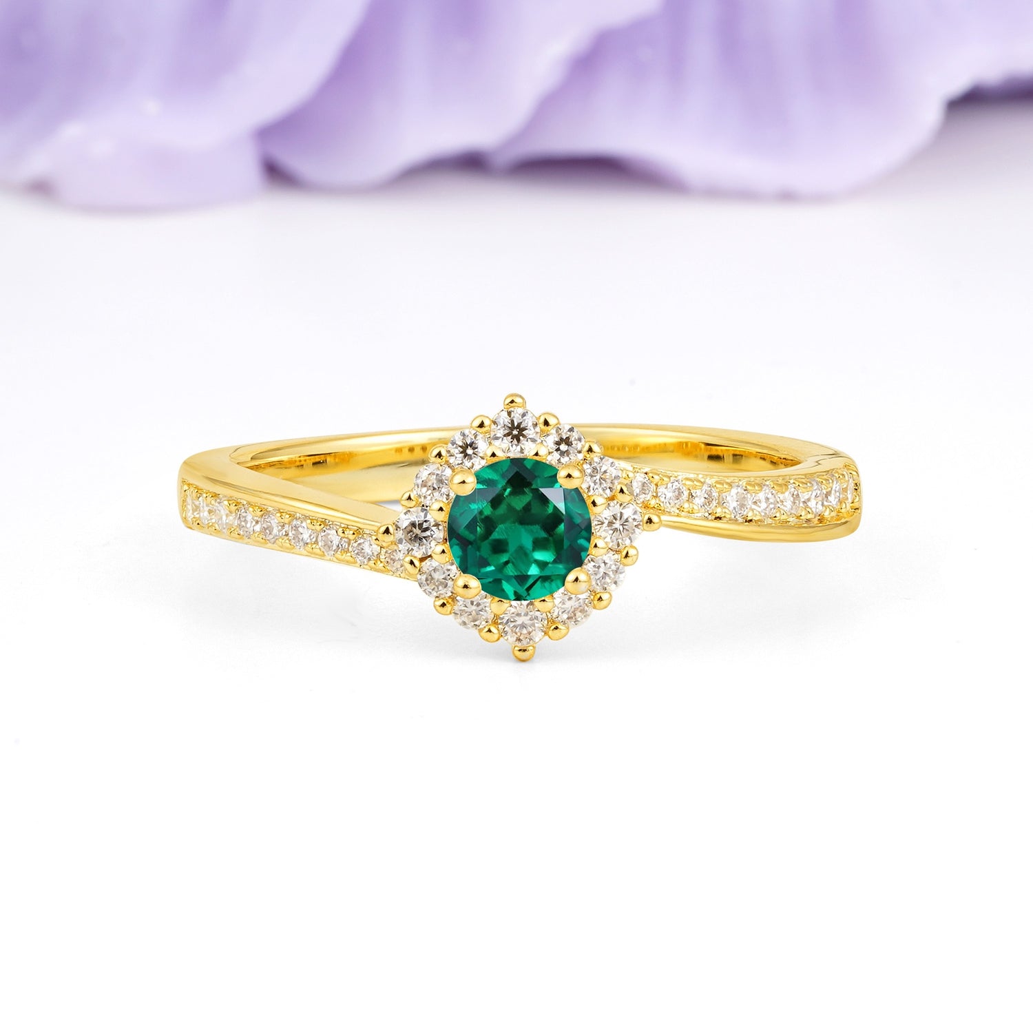 Classic Pavé-Set, Luxurious 4-Prong Round Cut Emerald Engagement Ring - Additional view