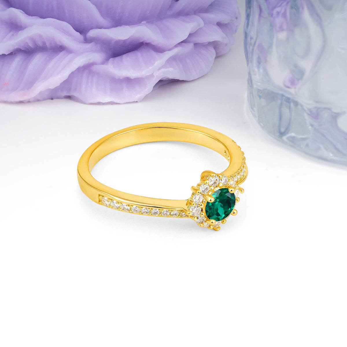 Classic Pavé-Set, Luxurious 4-Prong Round Cut Emerald Engagement Ring - Additional view