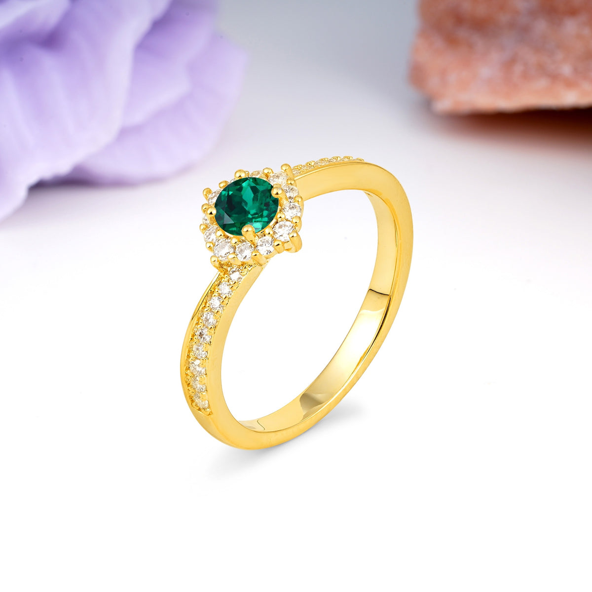 Classic Pavé-Set, Luxurious 4-Prong Round Cut Emerald Engagement Ring - Additional view