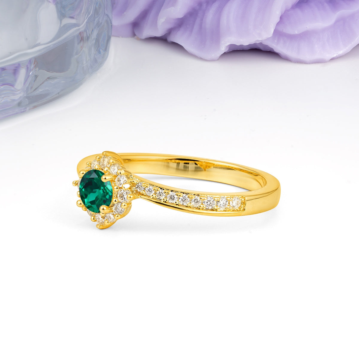 Classic Pavé-Set, Luxurious 4-Prong Round Cut Emerald Engagement Ring - Additional view