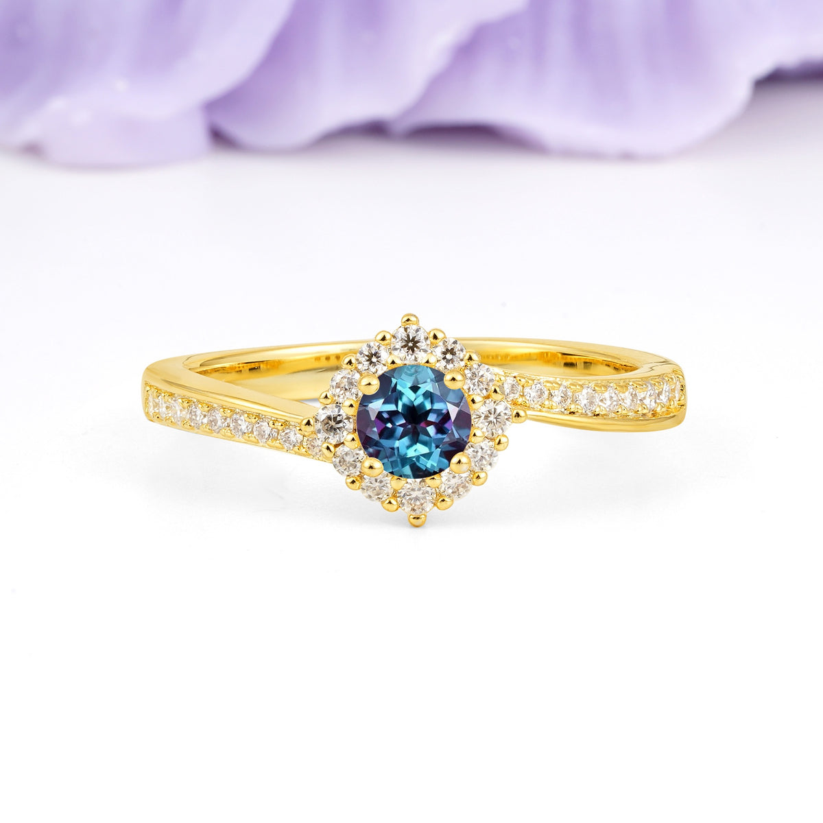 Classic Pavé-Set, Luxurious 4-Prong Round Cut Alexandrite Engagement Ring - Additional view