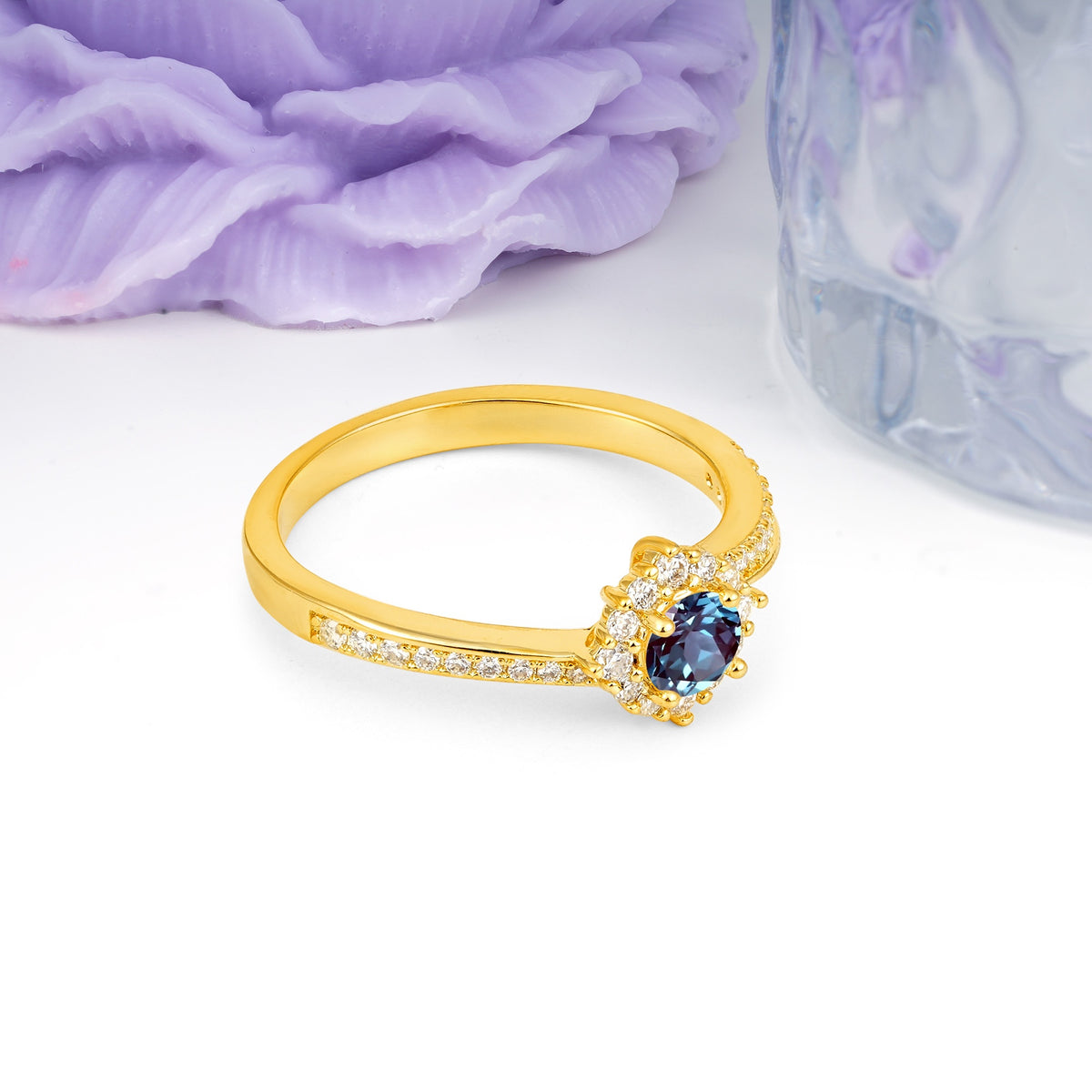 Classic Pavé-Set, Luxurious 4-Prong Round Cut Alexandrite Engagement Ring - Additional view