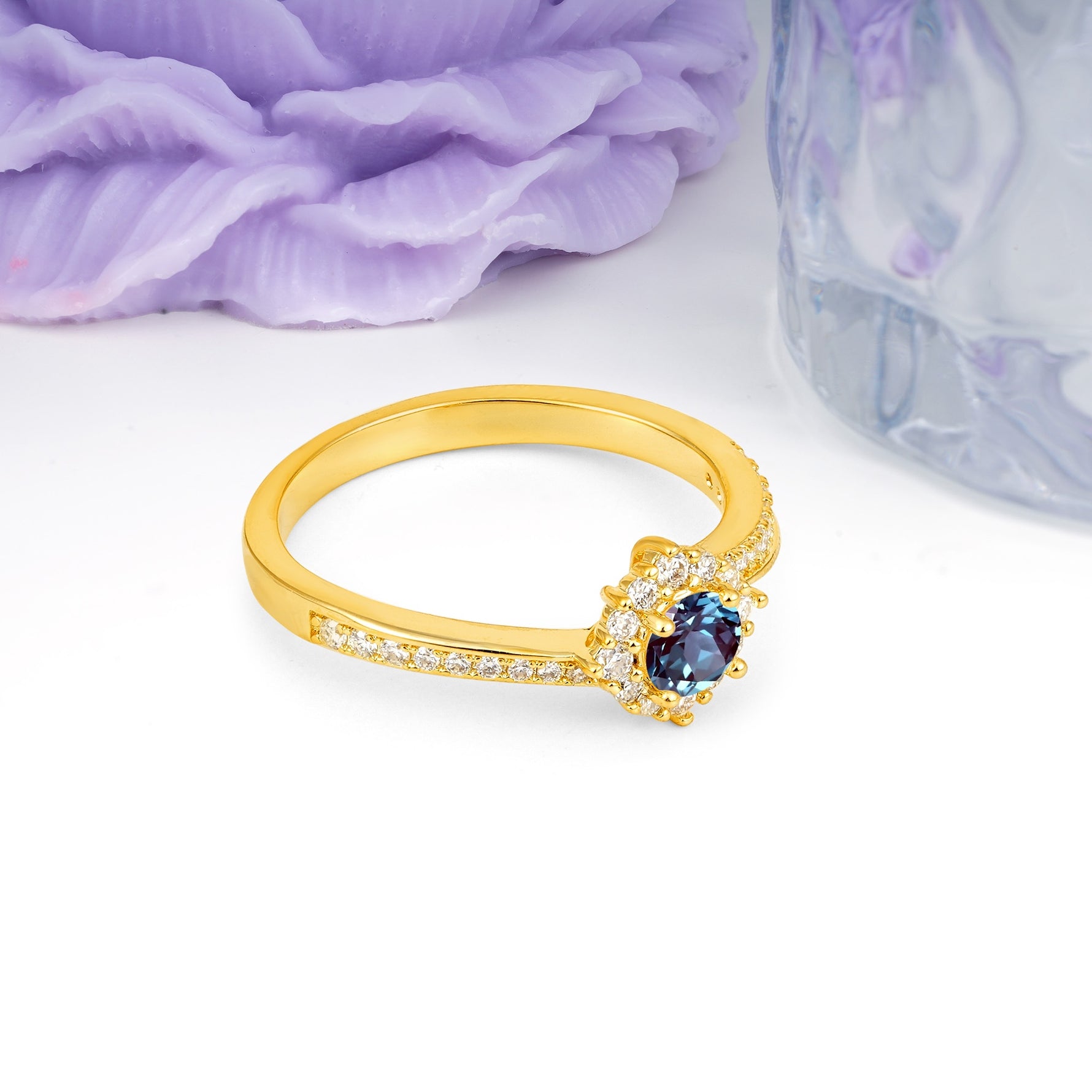 Classic Pavé-Set, Luxurious 4-Prong Round Cut Alexandrite Engagement Ring - Additional view