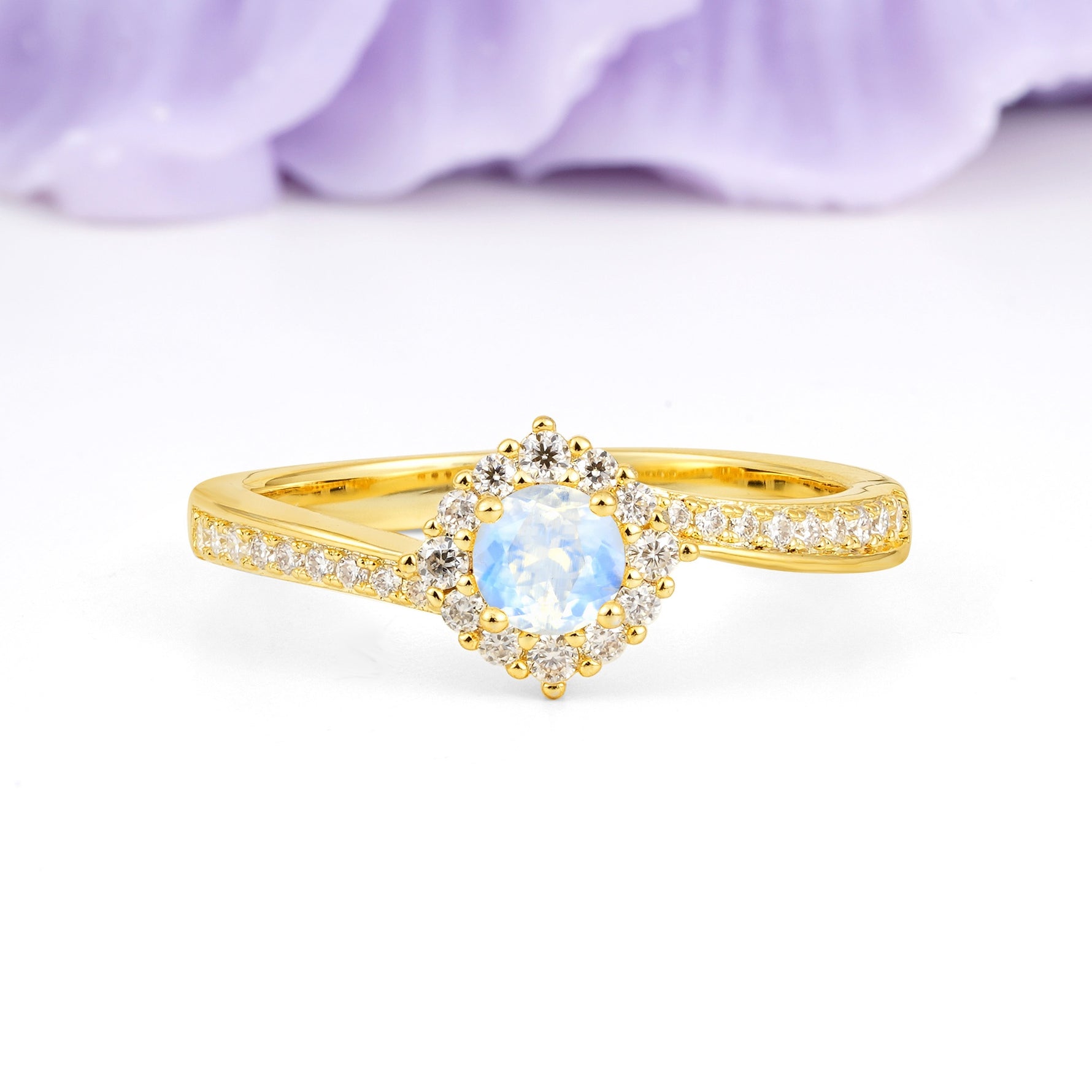 Classic Pavé-Set, Luxurious 4-Prong Round Cut Moonstone Engagement Ring - Additional view