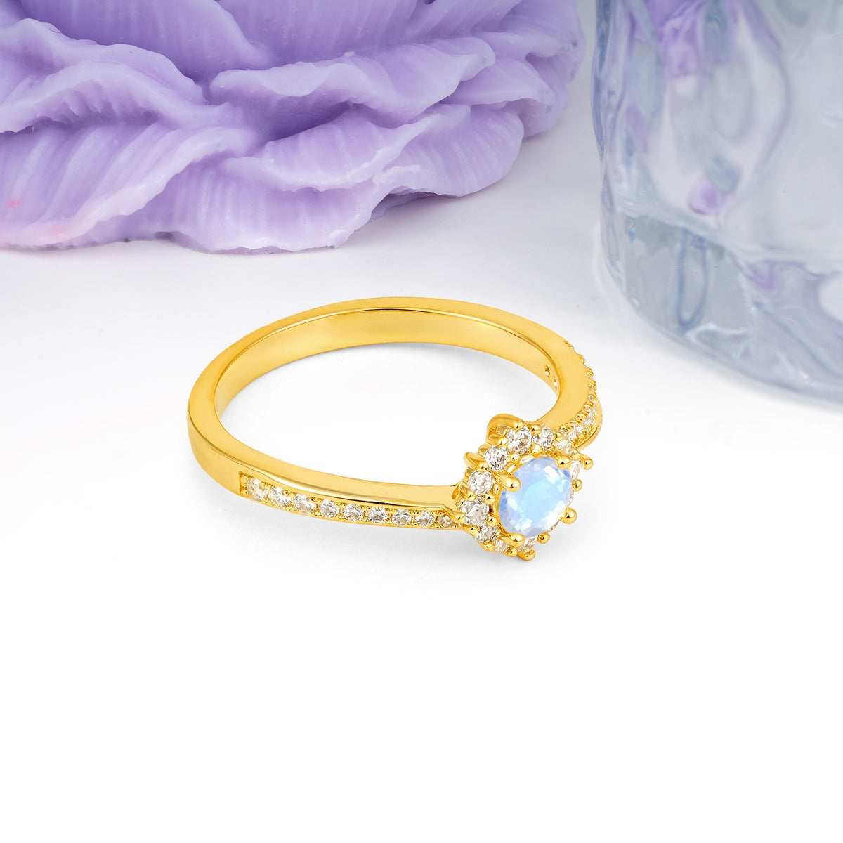 Classic Pavé-Set, Luxurious 4-Prong Round Cut Moonstone Engagement Ring - Additional view