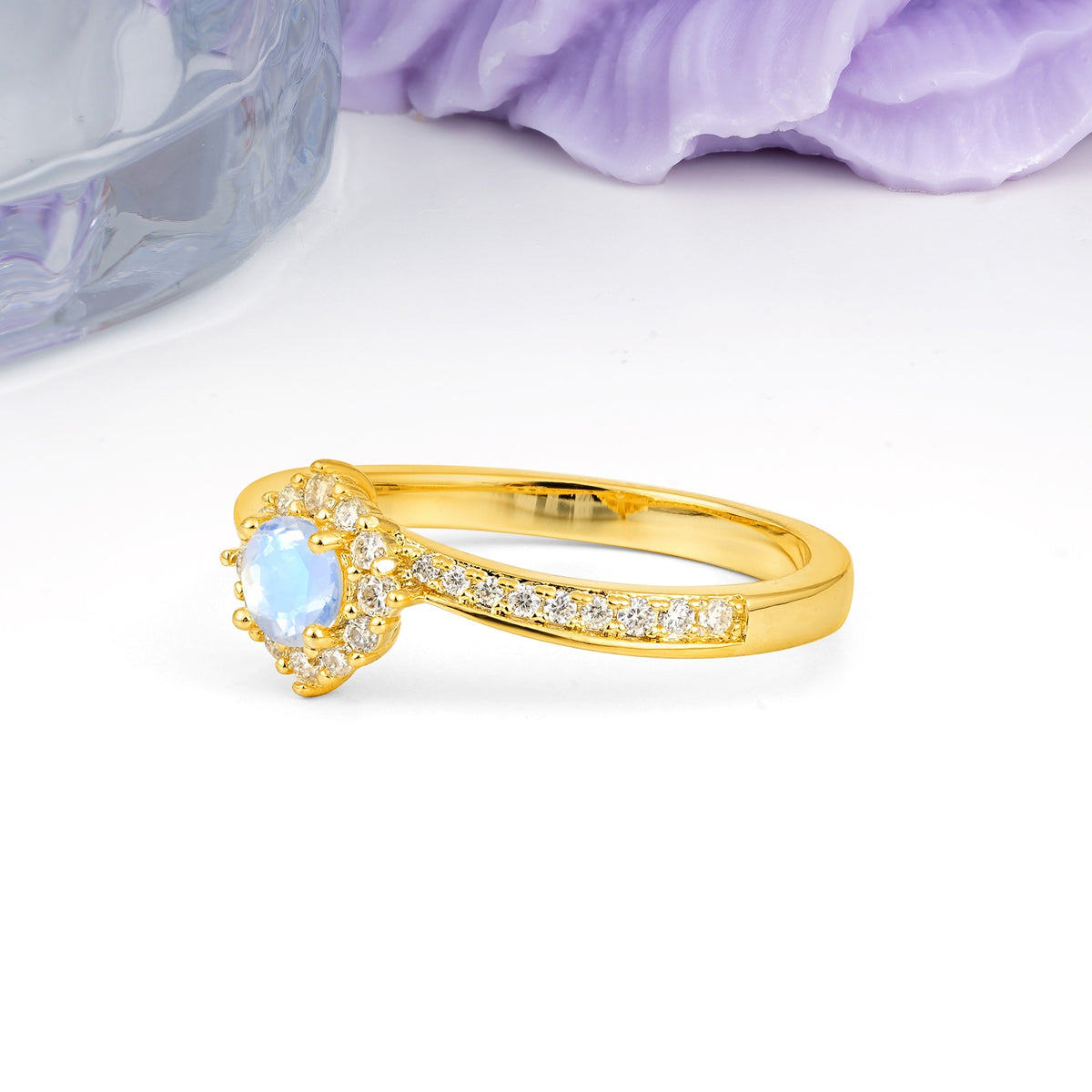 Classic Pavé-Set, Luxurious 4-Prong Round Cut Moonstone Engagement Ring - Additional view