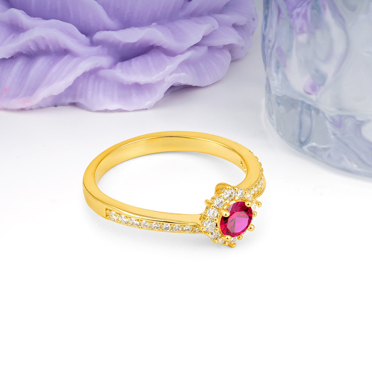 Classic Pavé-Set, Luxurious 4-Prong Round Cut Ruby Engagement Ring - Additional view