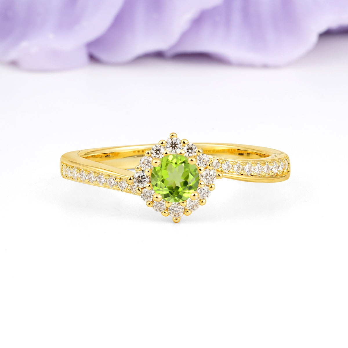 Classic Pavé-Set, Luxurious 4-Prong Round Cut Peridot Engagement Ring - Additional view