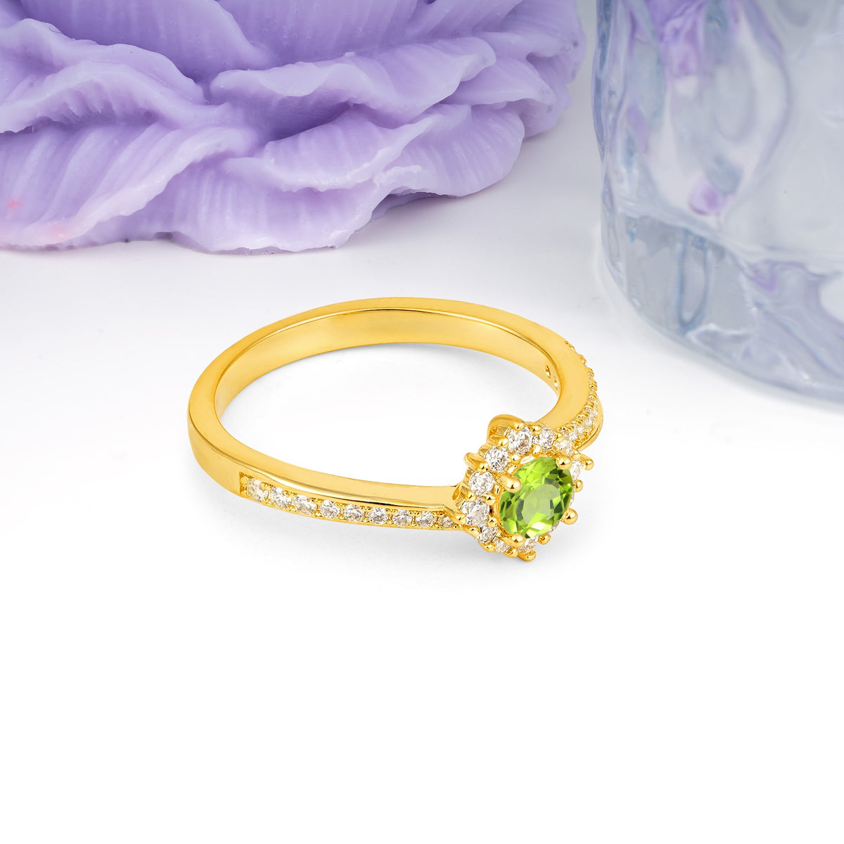 Classic Pavé-Set, Luxurious 4-Prong Round Cut Peridot Engagement Ring - Additional view