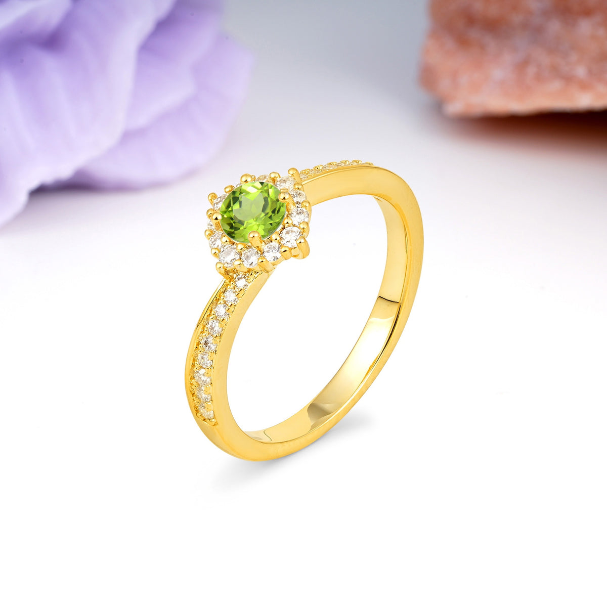 Classic Pavé-Set, Luxurious 4-Prong Round Cut Peridot Engagement Ring - Additional view