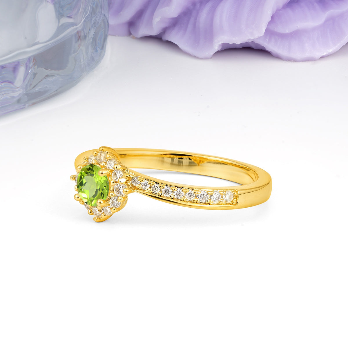 Classic Pavé-Set, Luxurious 4-Prong Round Cut Peridot Engagement Ring - Additional view