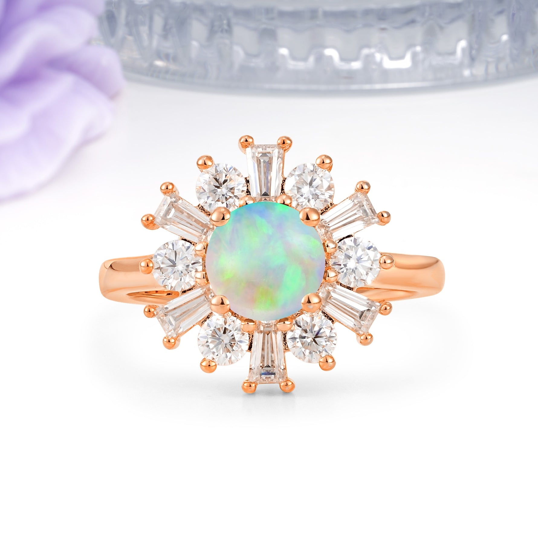 Unique Luxurious 4-Prong Round Cut Fire Opal Engagement Ring - Additional view