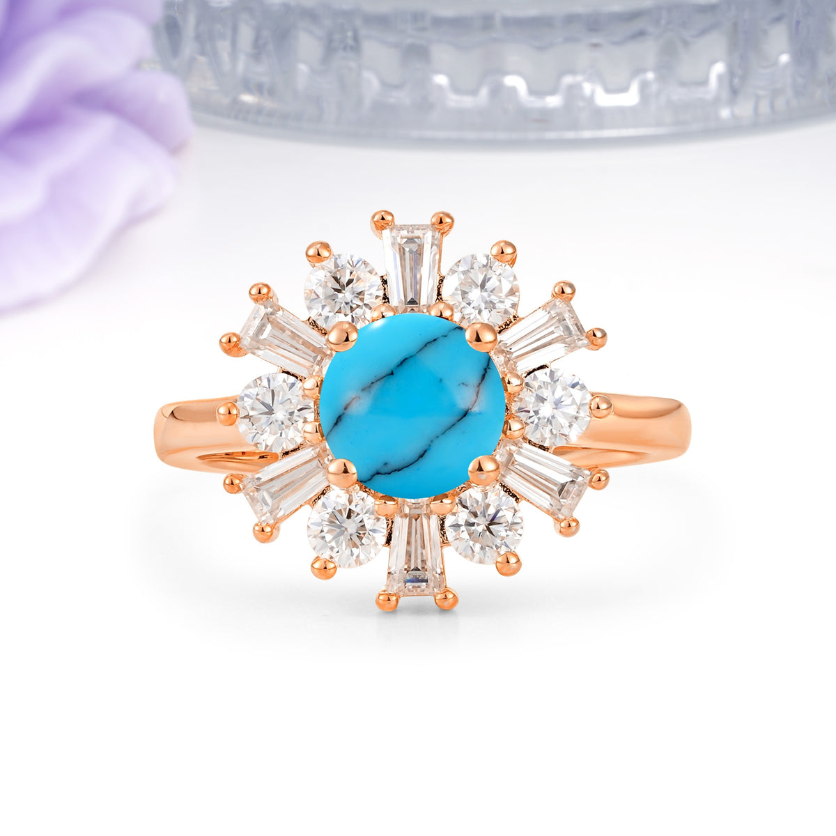 Unique Luxurious 4-Prong Round Cut Turquoise Engagement Ring - Additional view