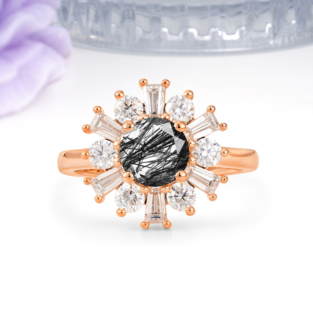 Unique Luxurious 4-Prong Round Cut Black Rutilated Quartz Engagement Ring - Additional view