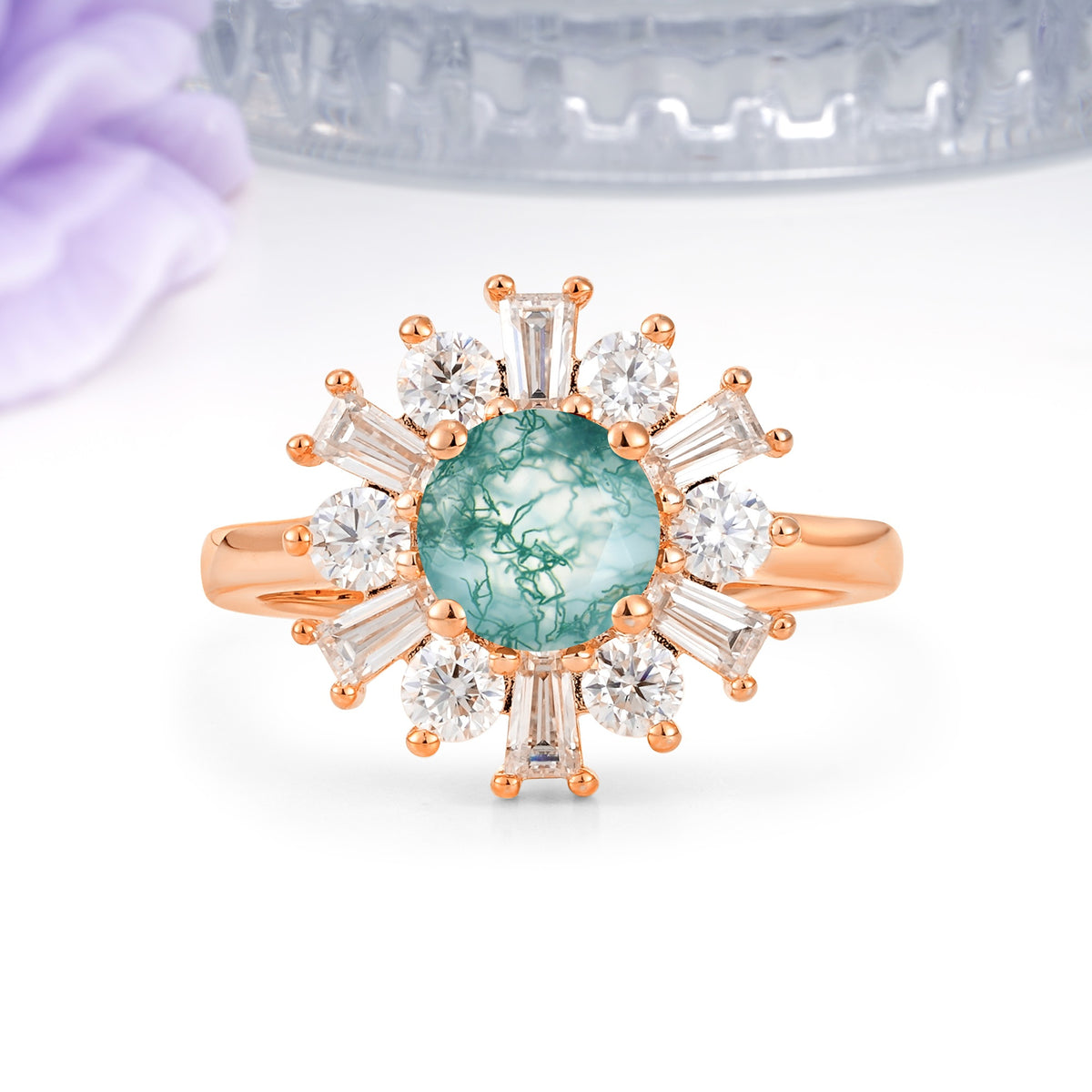 Unique Luxurious 4-Prong Round Cut Moss Agate Engagement Ring - Additional view