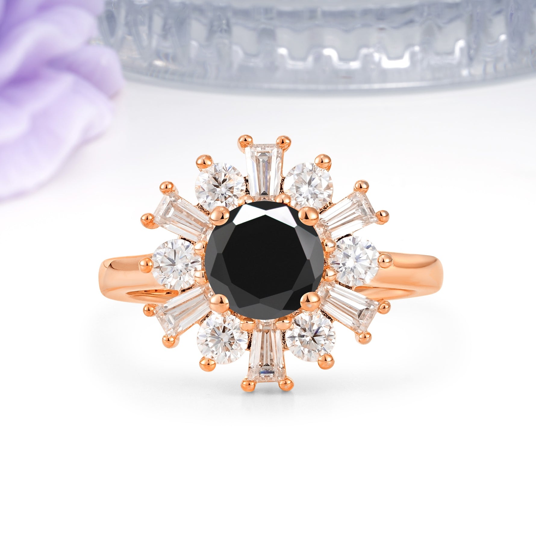 Unique Luxurious 4-Prong Round Cut Black Onyx Engagement Ring - Additional view