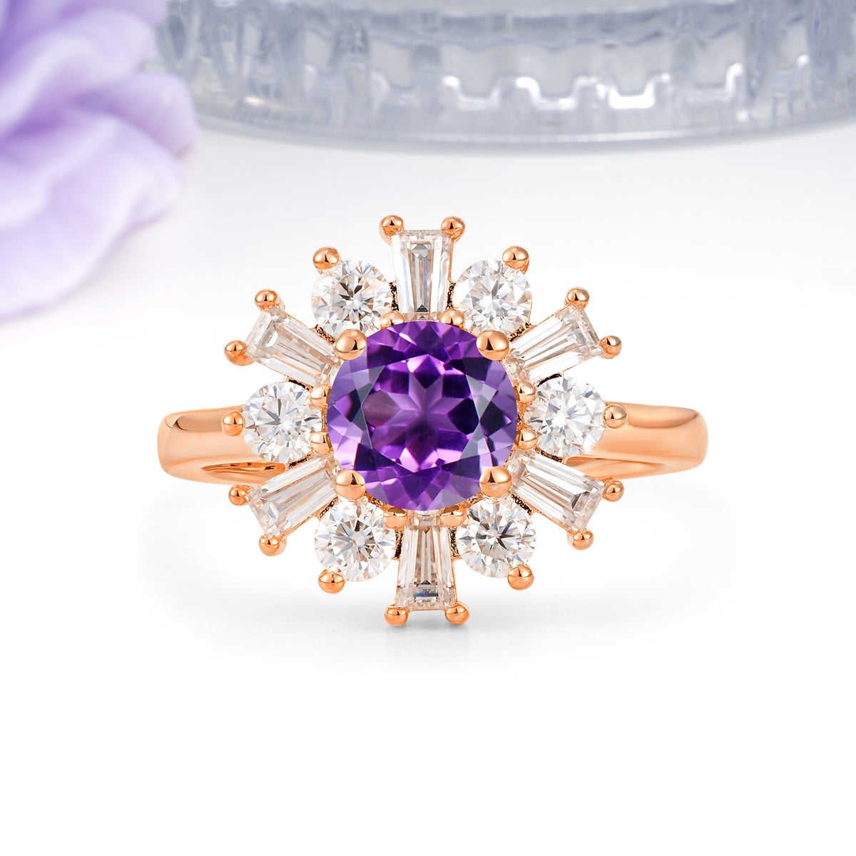 Unique Luxurious 4-Prong Round Cut Amethyst Engagement Ring - Additional view