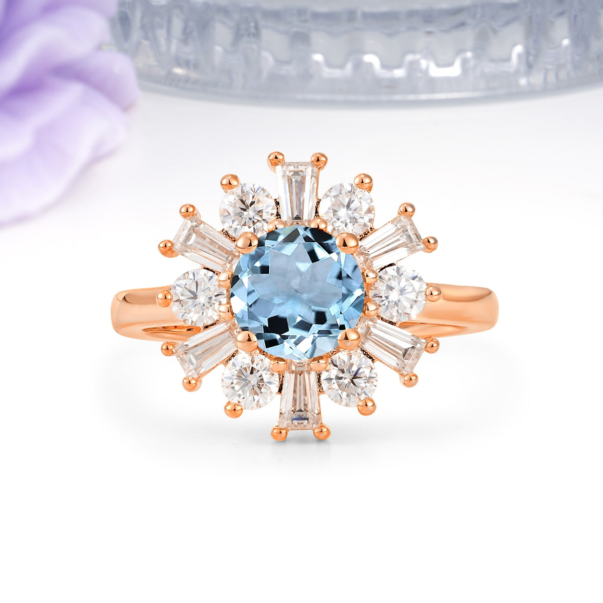 Unique Luxurious 4-Prong Round Cut Aquamarine Engagement Ring - Additional view