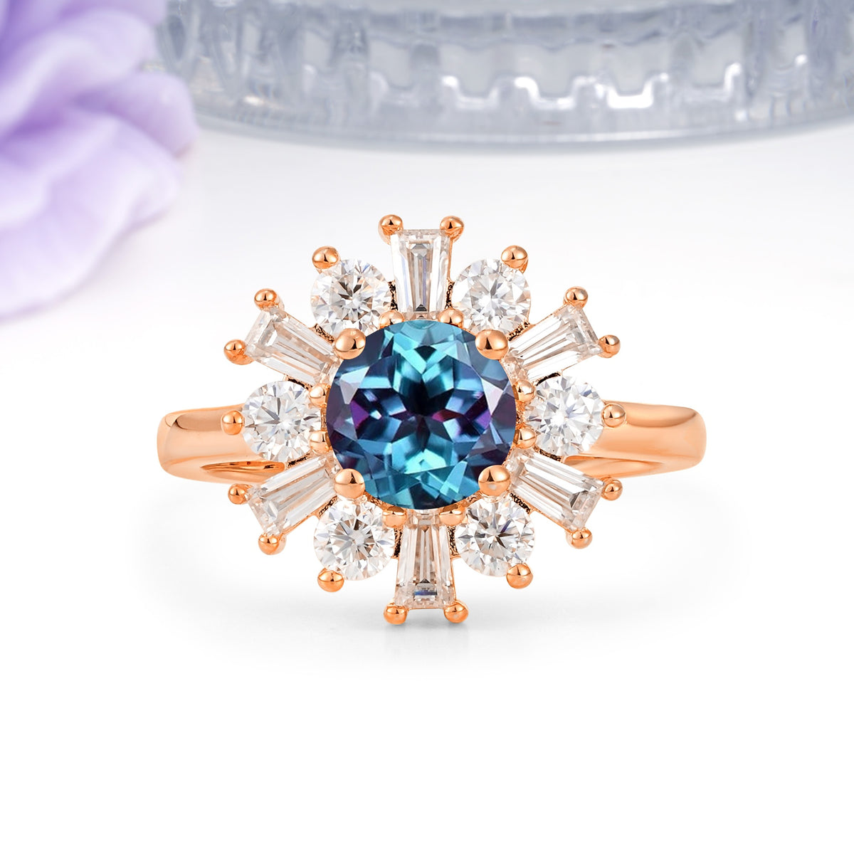 Unique Luxurious 4-Prong Round Cut Alexandrite Engagement Ring - Additional view