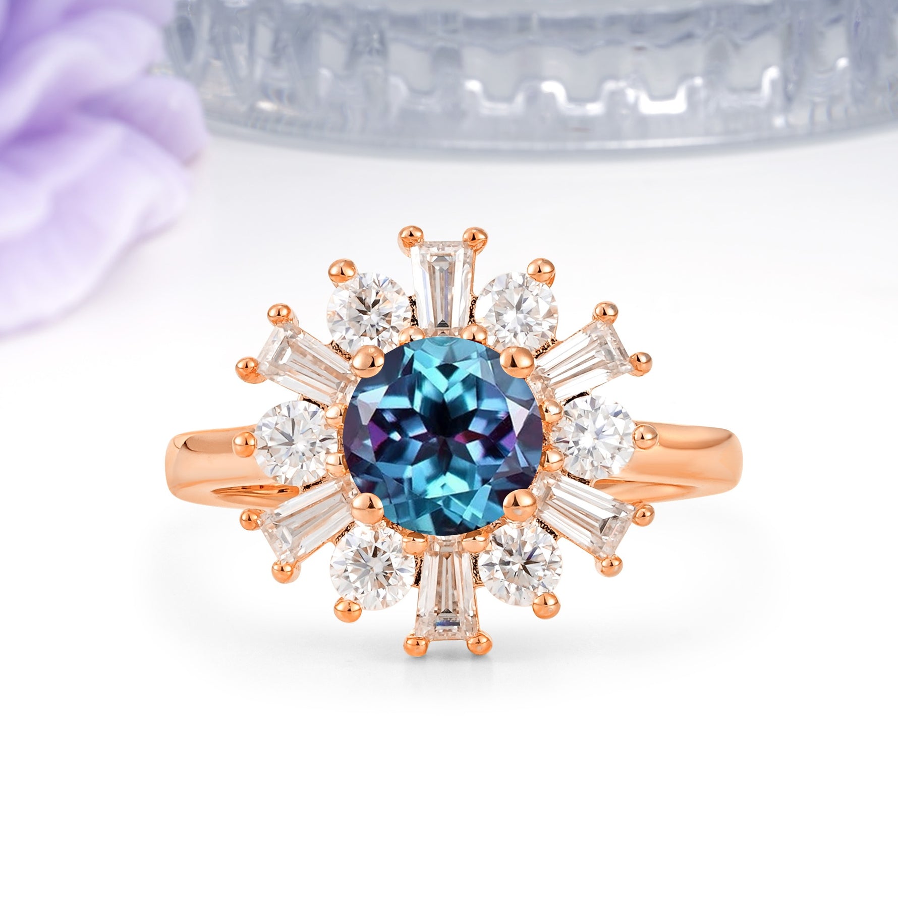Unique Luxurious 4-Prong Round Cut Alexandrite Engagement Ring - Additional view