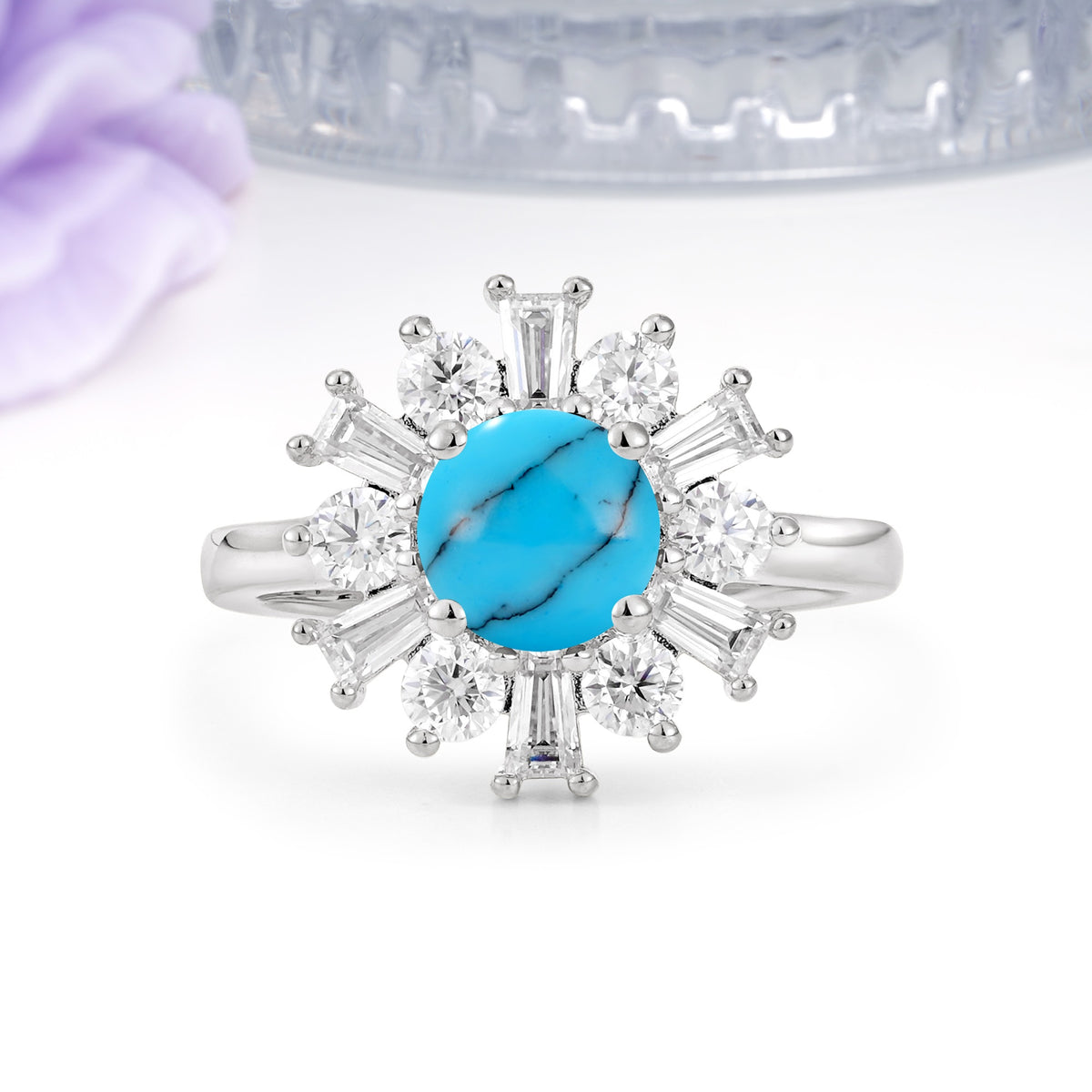 Unique Luxurious 4-Prong Round Cut Turquoise Engagement Ring - Additional view