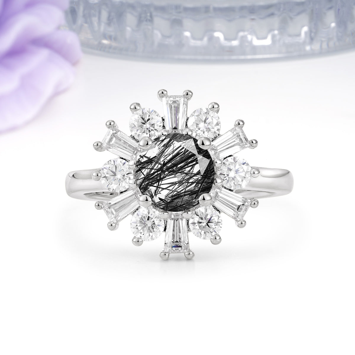 Unique Luxurious 4-Prong Round Cut Black Rutilated Quartz Engagement Ring - Additional view