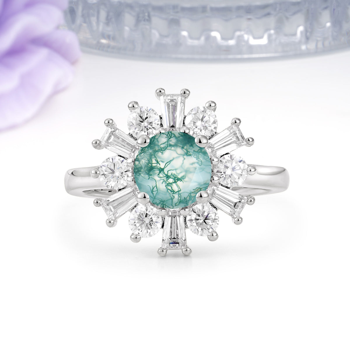 Unique Luxurious 4-Prong Round Cut Moss Agate Engagement Ring - Additional view