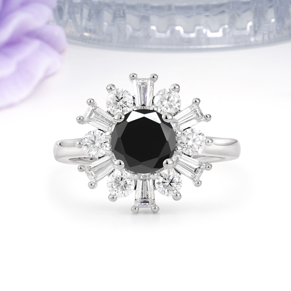 Unique Luxurious 4-Prong Round Cut Black Onyx Engagement Ring - Additional view
