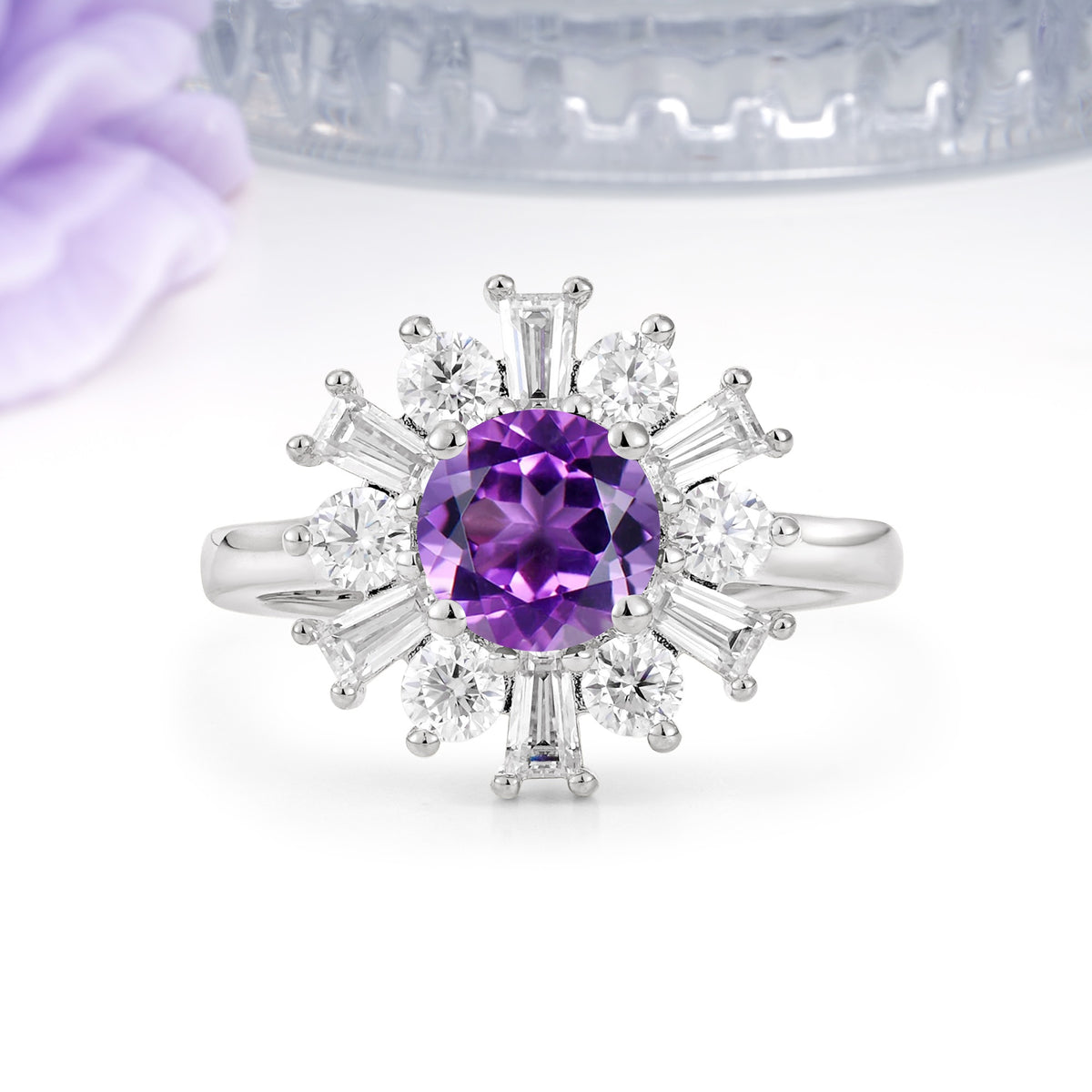 Unique Luxurious 4-Prong Round Cut Amethyst Engagement Ring - Additional view