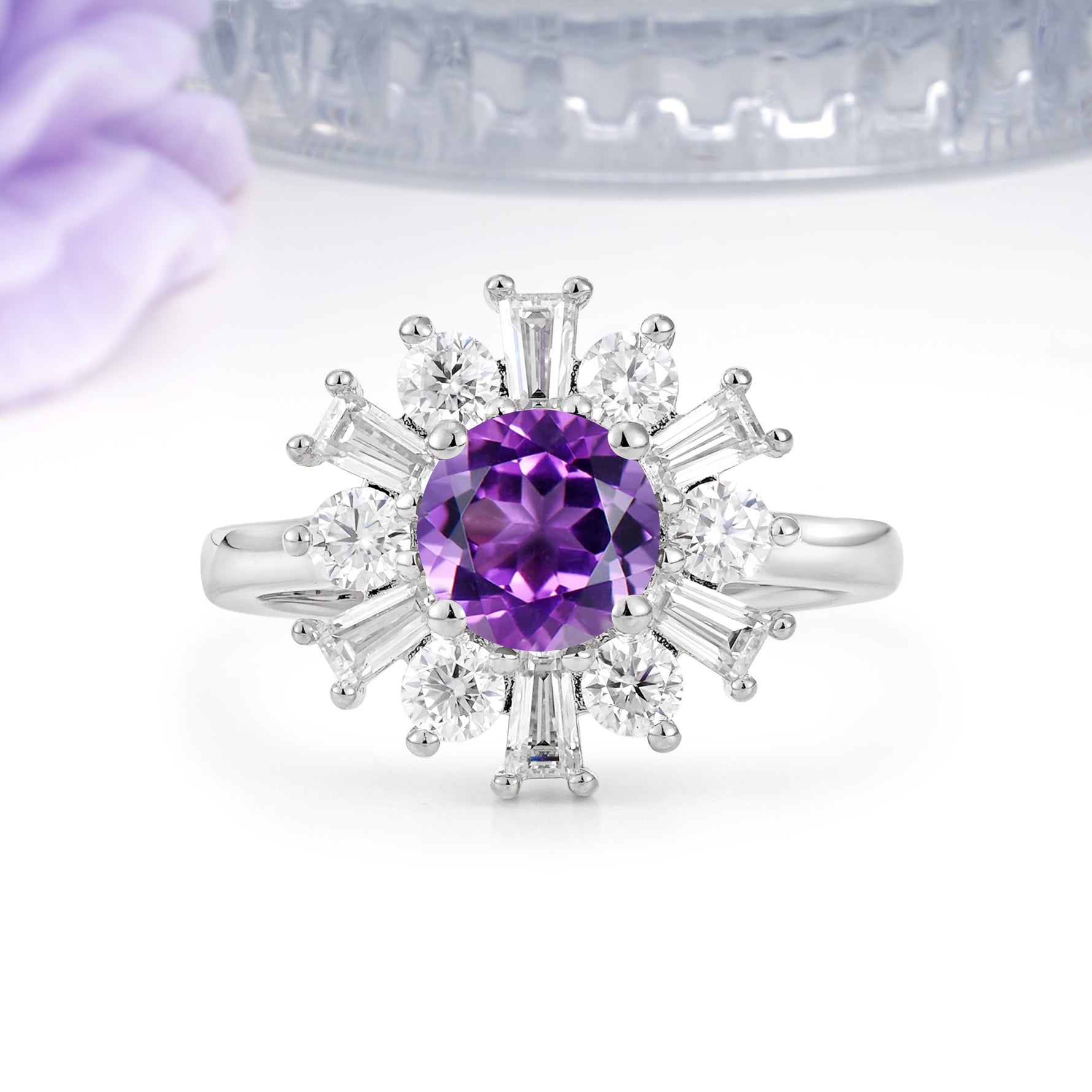 Unique Luxurious 4-Prong Round Cut Amethyst Engagement Ring - Additional view