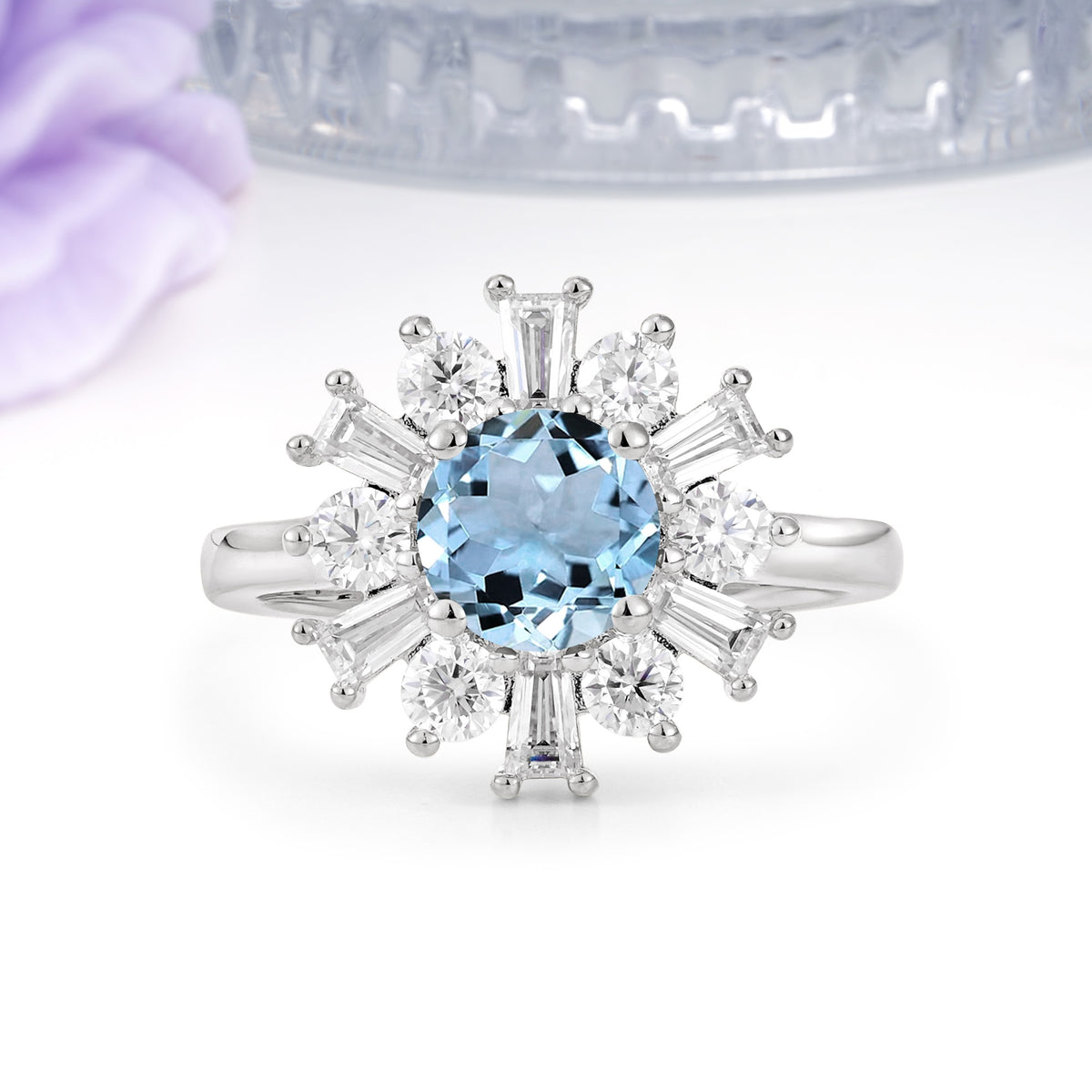 Unique Luxurious 4-Prong Round Cut Aquamarine Engagement Ring - Additional view