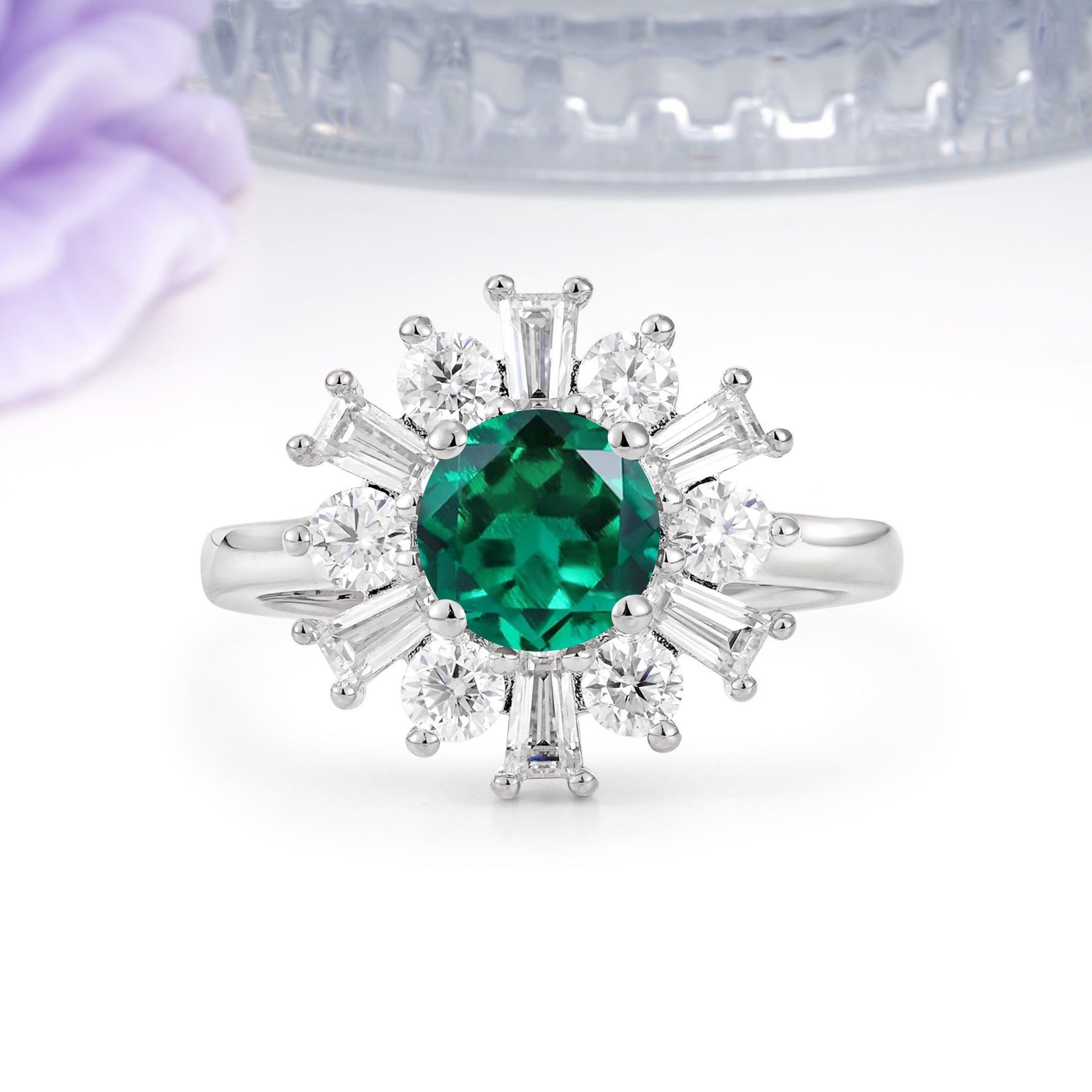 Unique Luxurious 4-Prong Round Cut Emerald Engagement Ring - Additional view