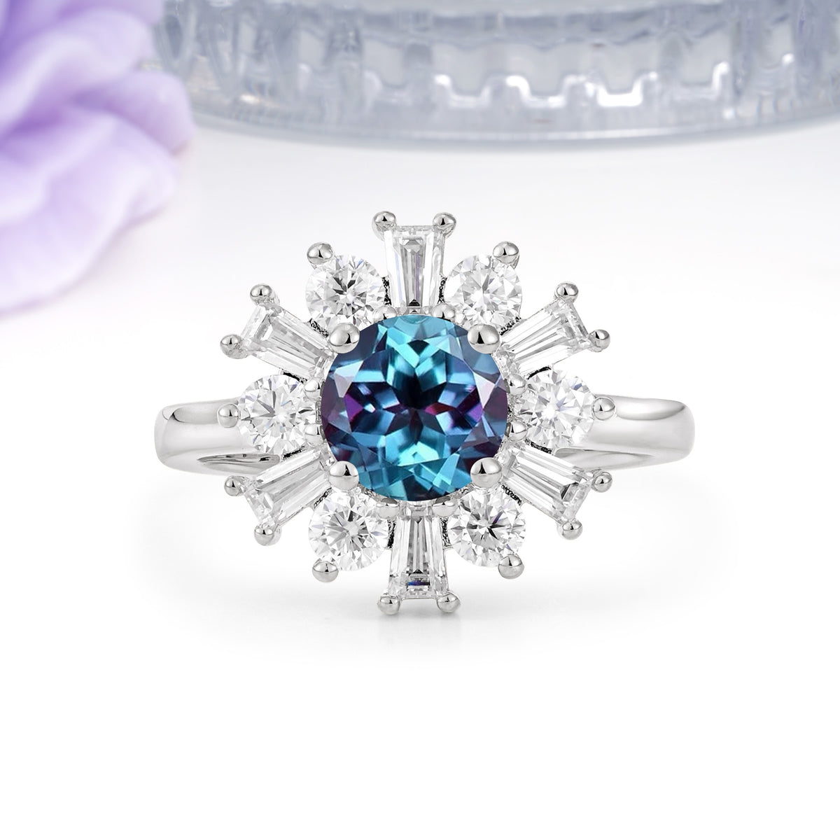 Unique Luxurious 4-Prong Round Cut Alexandrite Engagement Ring - Additional view