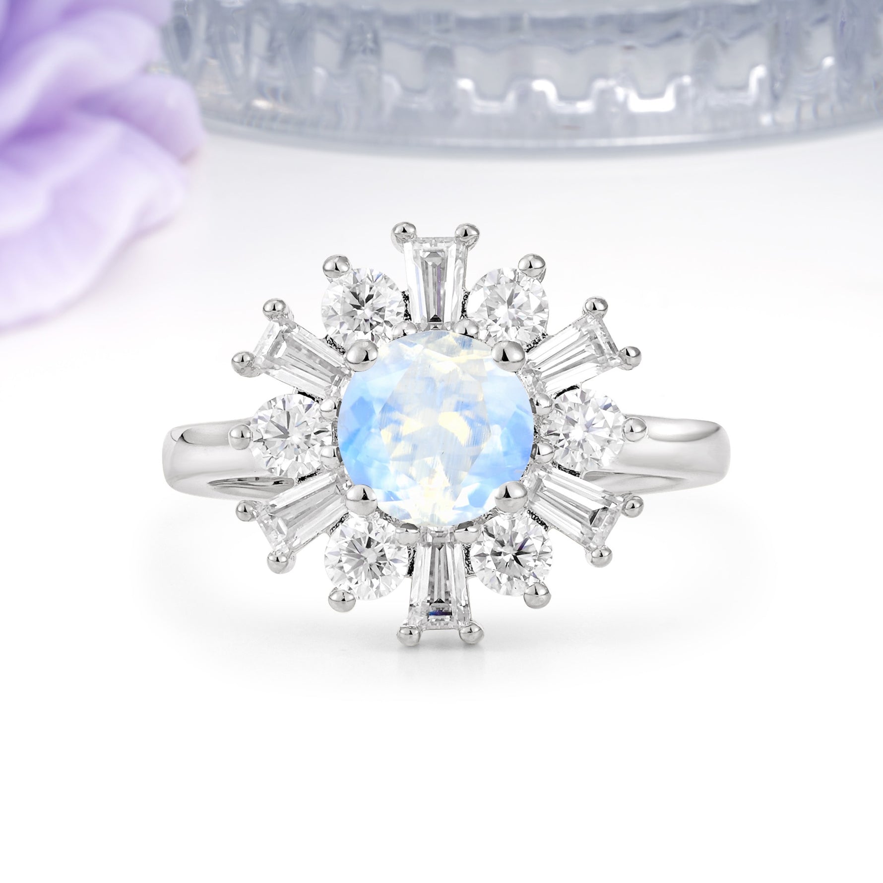 Unique Luxurious 4-Prong Round Cut Moonstone Engagement Ring - Additional view