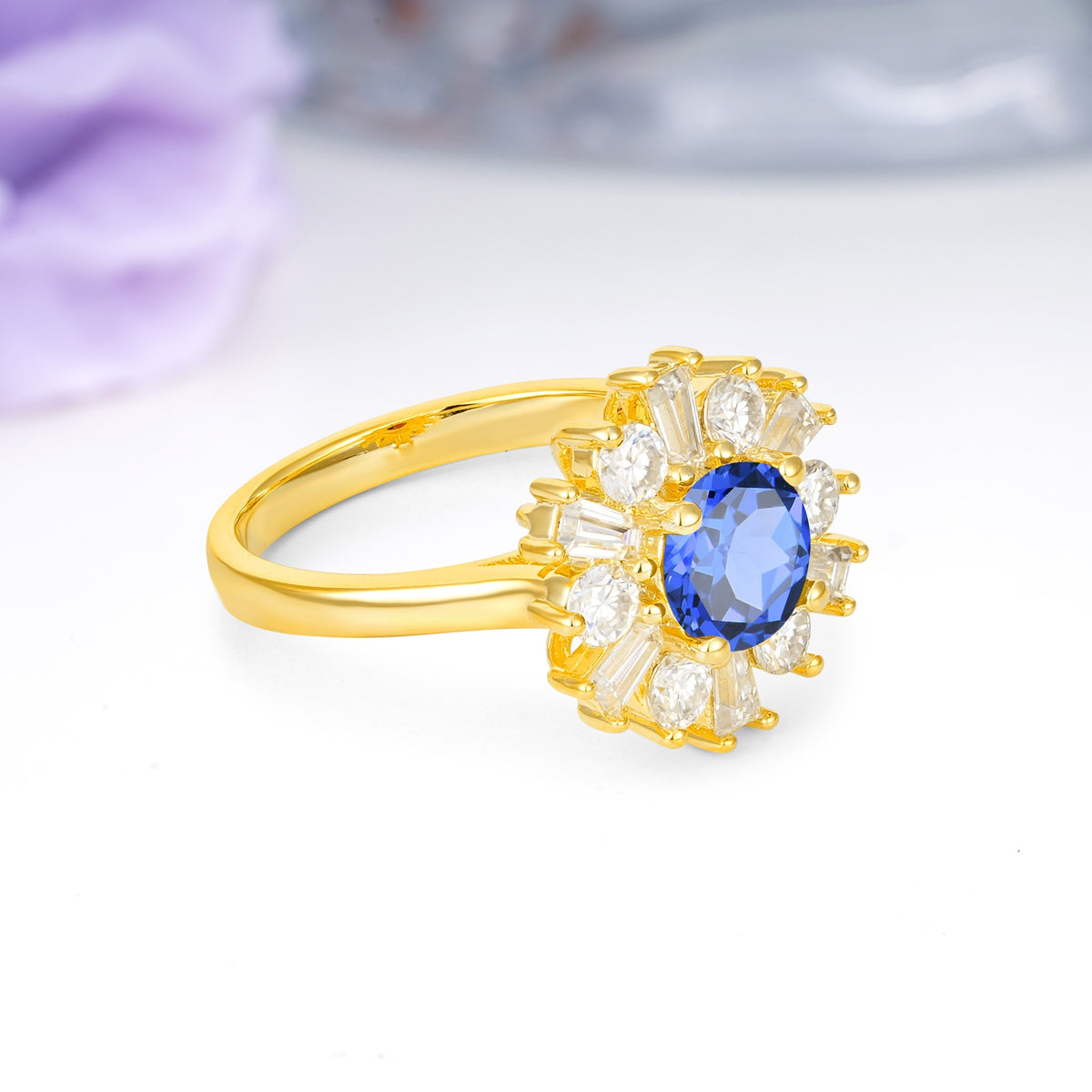 Unique Luxurious 4-Prong Round Cut Sapphire Engagement Ring - Additional view
