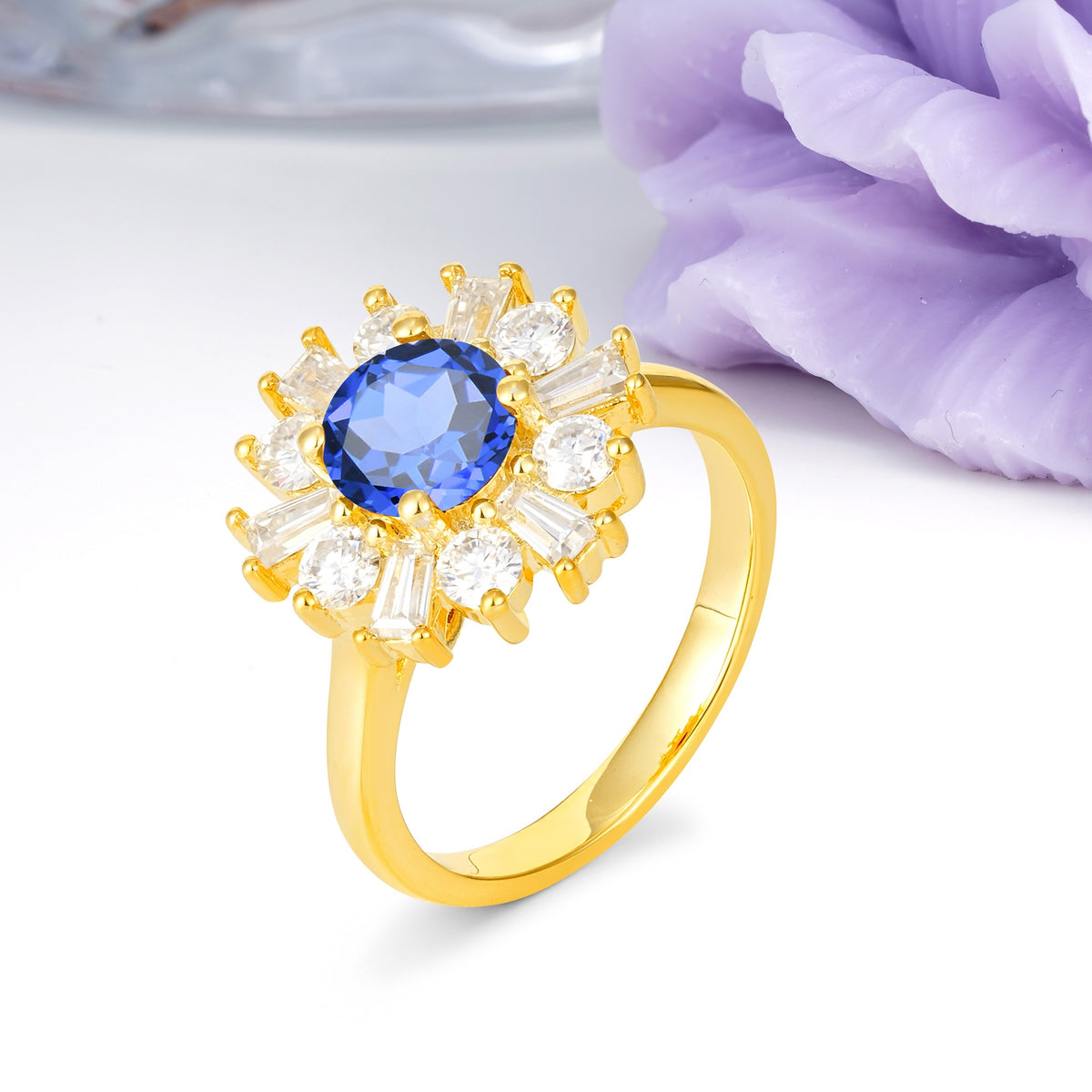Unique Luxurious 4-Prong Round Cut Sapphire Engagement Ring - Additional view