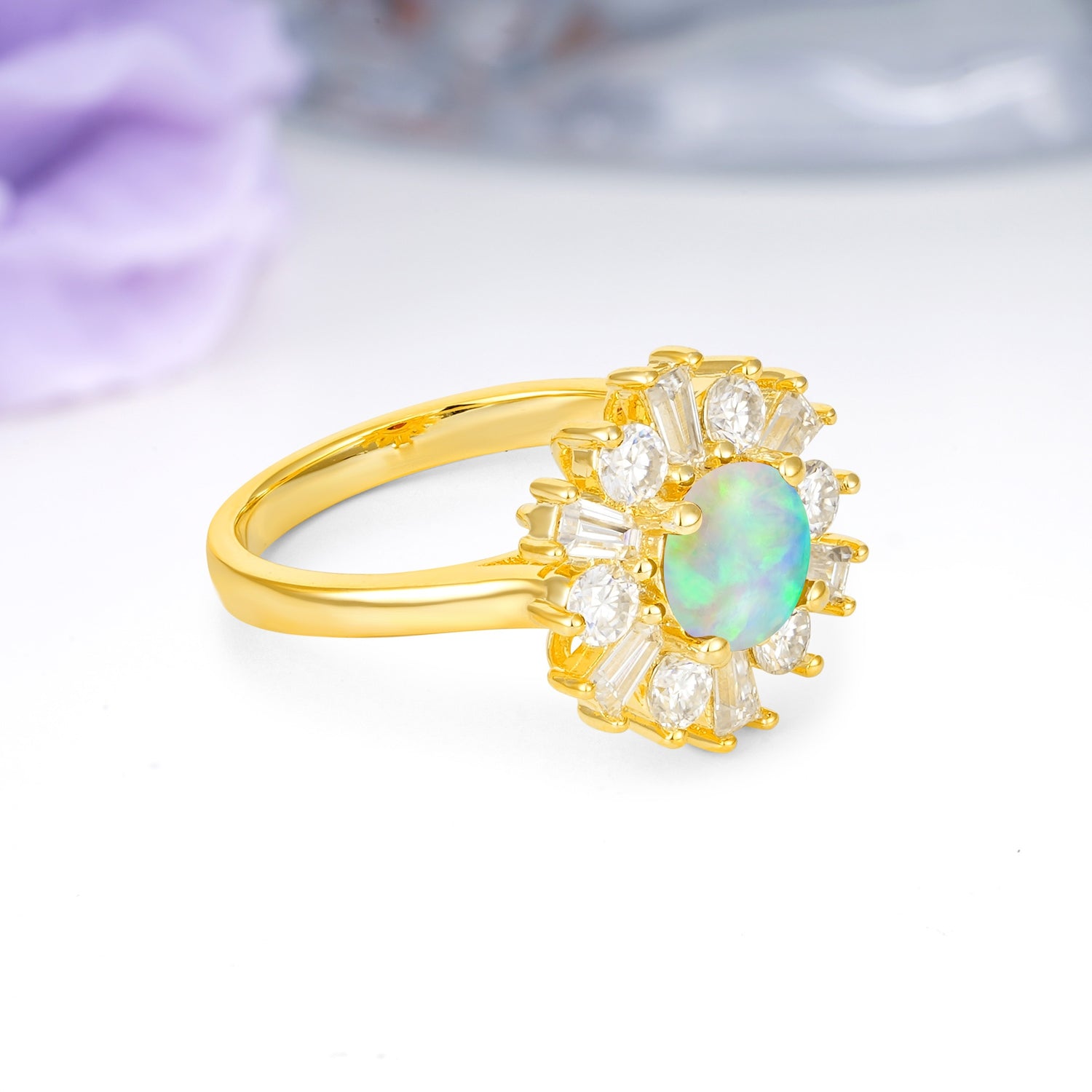 Unique Luxurious 4-Prong Round Cut Fire Opal Engagement Ring - Additional view