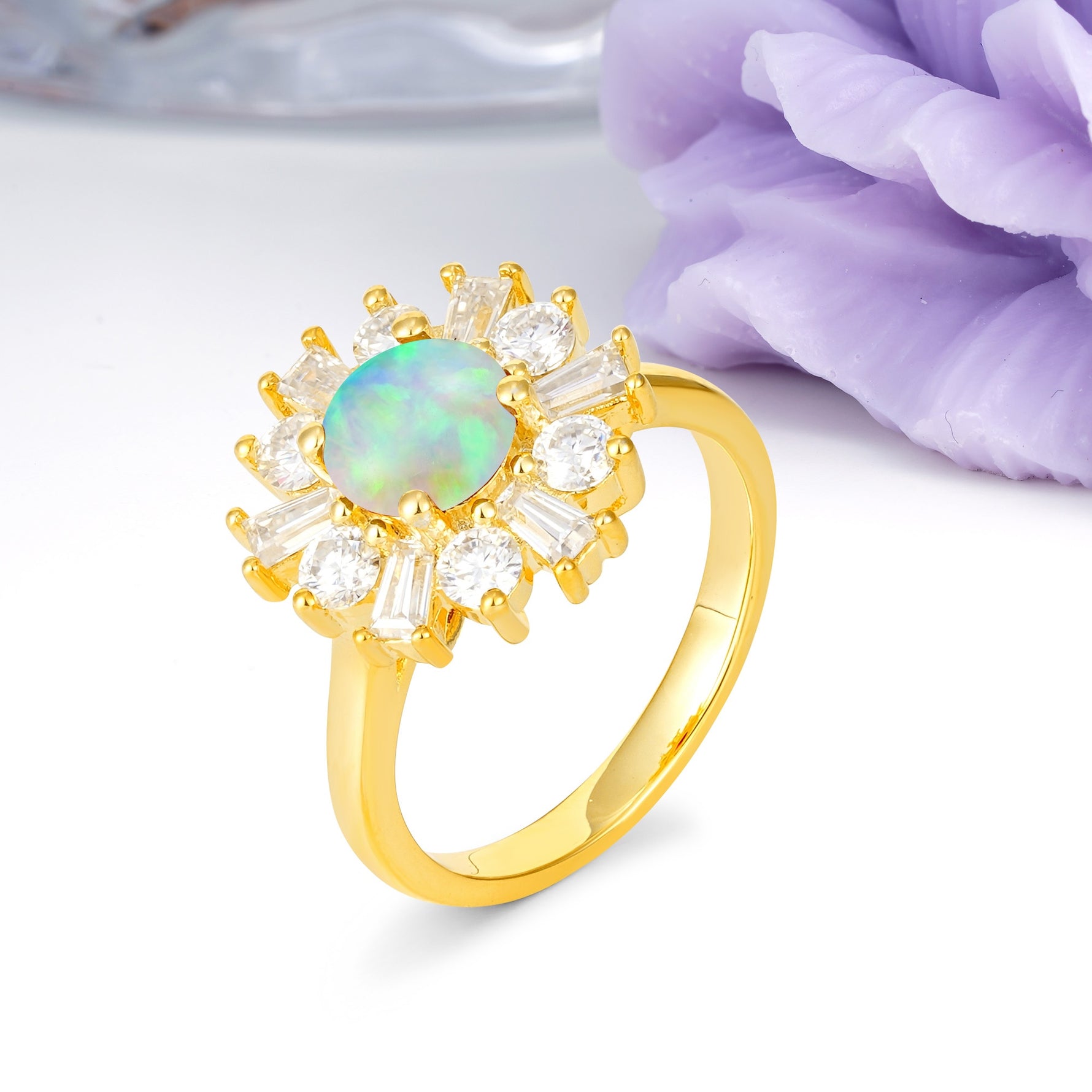 Unique Luxurious 4-Prong Round Cut Fire Opal Engagement Ring - Additional view