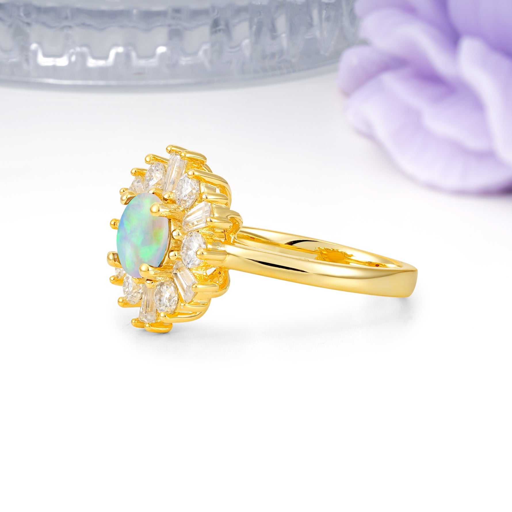 Unique Luxurious 4-Prong Round Cut Fire Opal Engagement Ring - Additional view