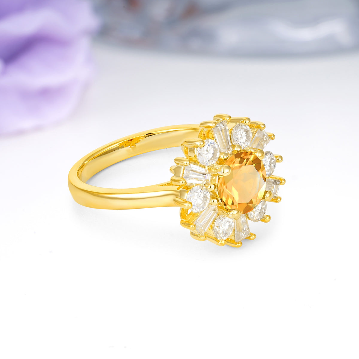 Unique Luxurious 4-Prong Round Cut Citrine Engagement Ring - Additional view